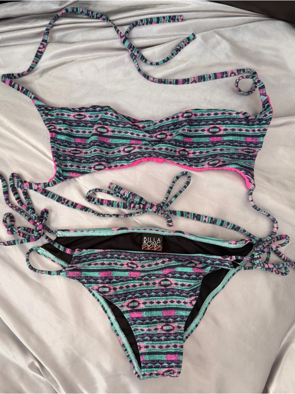 Billabong Teal, Pink & Black Aztec Print String Bikini
